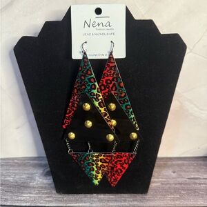 NWT Nena Rainbow Leopard Print Triangle Earrings black gold lead & nickel free